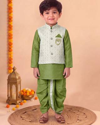 boys mehandi green silk blend  geometric floral woven kurta & dhoti set with waistcoat 1