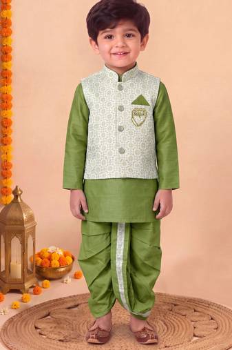 boys mehandi green silk blend  geometric floral woven kurta & dhoti set with waistcoat