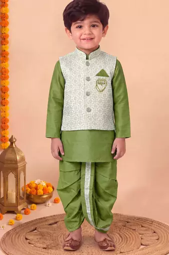 boys mehandi green silk blend  geometric floral woven kurta & dhoti set with waistcoat