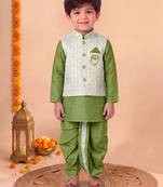 boys mehandi green silk blend  geometric floral woven kurta & dhoti set with waistcoat
