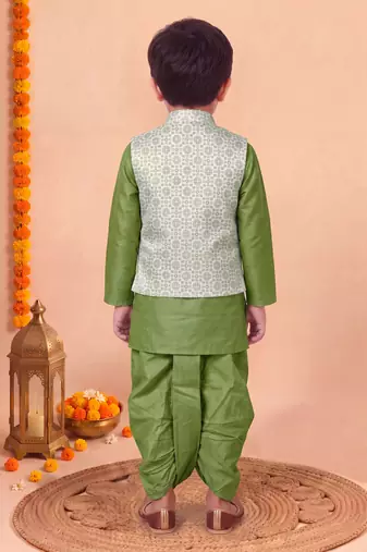 boys mehandi green silk blend  geometric floral woven kurta & dhoti set with waistcoat