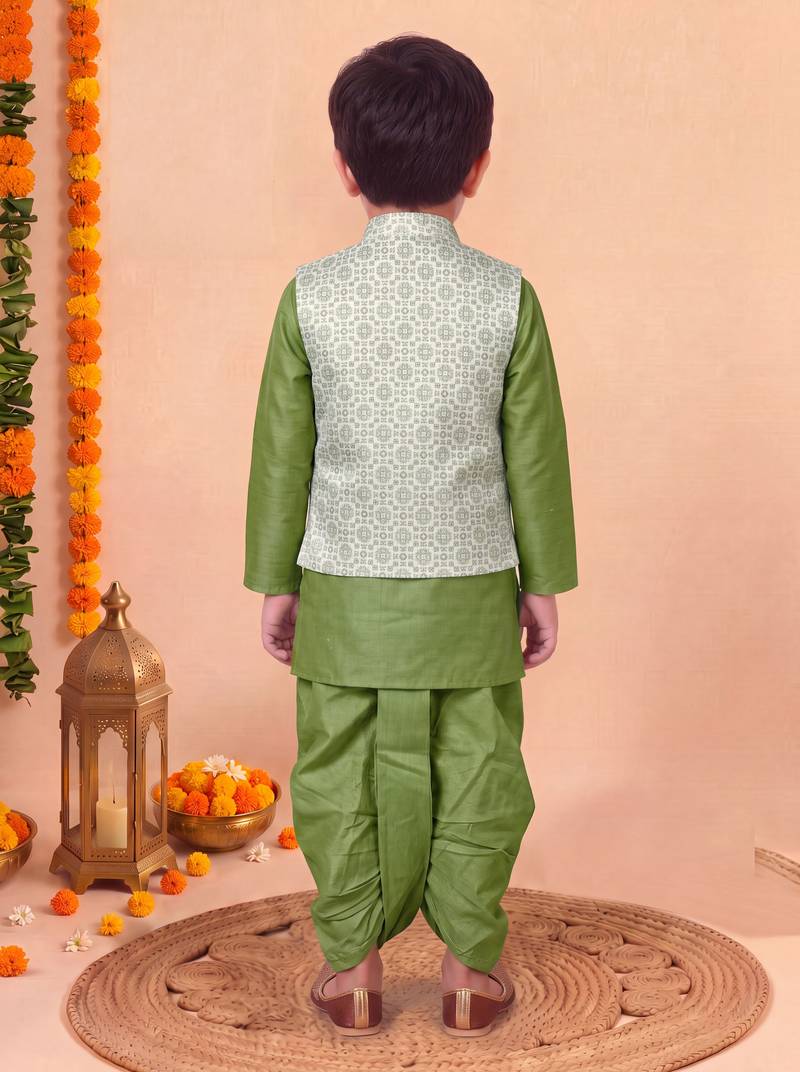 boys mehandi green silk blend  geometric floral woven kurta & dhoti set with waistcoat