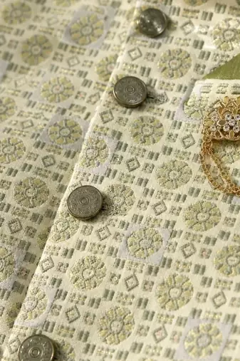 boys mehandi green silk blend  geometric floral woven kurta & dhoti set with waistcoat
