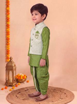 boys mehandi green silk blend  geometric floral woven kurta & dhoti set with waistcoat 4