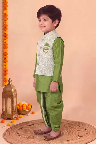 boys mehandi green silk blend  geometric floral woven kurta & dhoti set with waistcoat