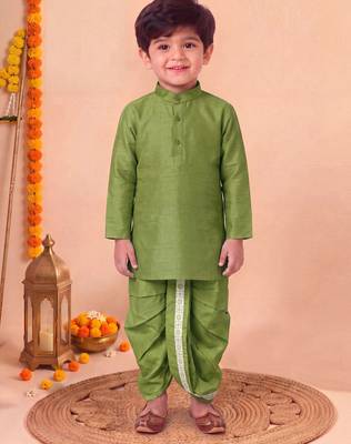 boys mehandi green silk blend  geometric floral woven kurta & dhoti set with waistcoat 5