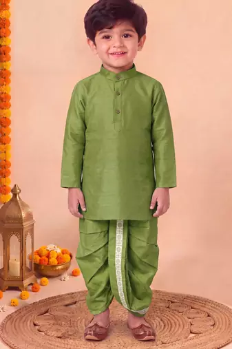 boys mehandi green silk blend  geometric floral woven kurta & dhoti set with waistcoat