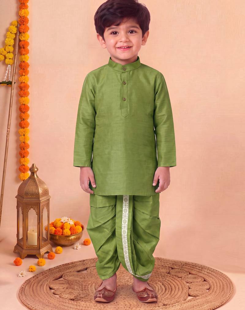boys mehandi green silk blend  geometric floral woven kurta & dhoti set with waistcoat