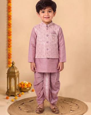 boys dusty pink silk blend  geometric floral woven kurta & dhoti set with waistcoat 1