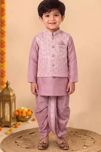 boys dusty pink silk blend  geometric floral woven kurta & dhoti set with waistcoat