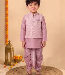 boys dusty pink silk blend  geometric floral woven kurta & dhoti set with waistcoat
