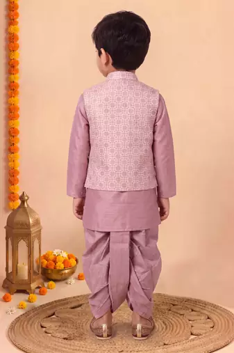 boys dusty pink silk blend  geometric floral woven kurta & dhoti set with waistcoat