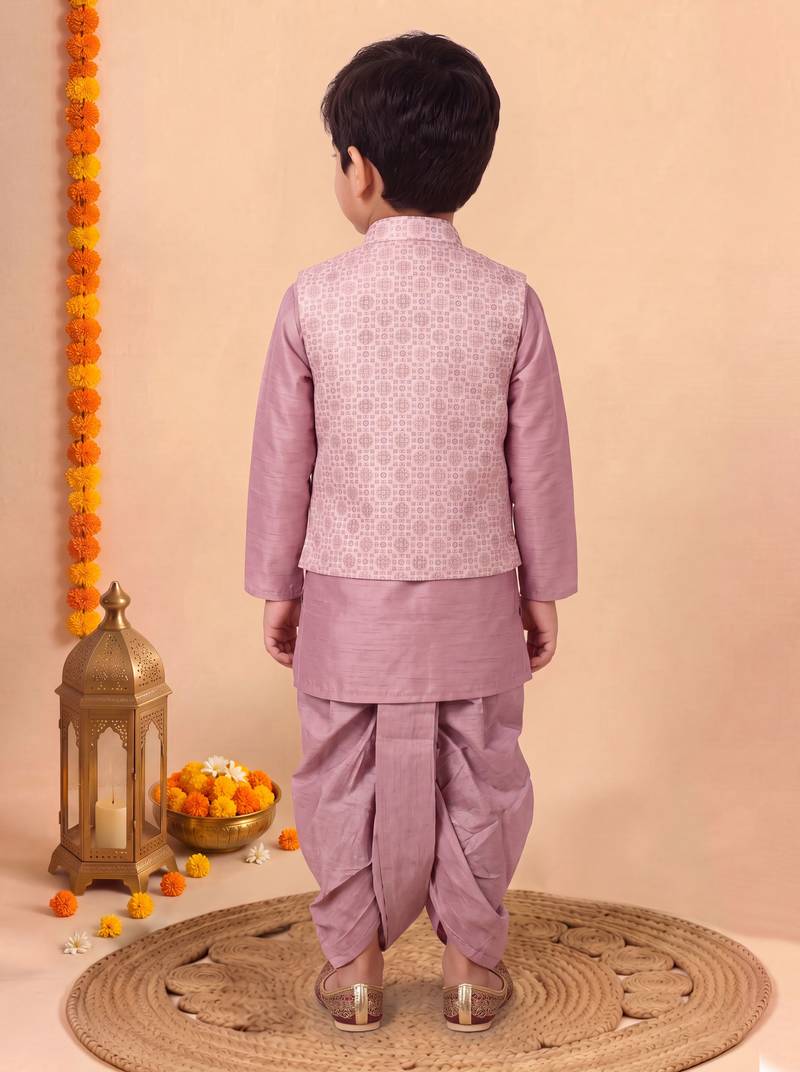 boys dusty pink silk blend  geometric floral woven kurta & dhoti set with waistcoat
