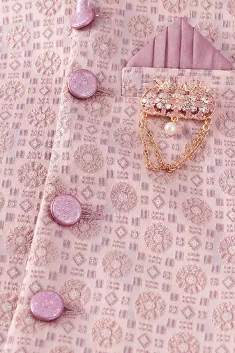 boys dusty pink silk blend  geometric floral woven kurta & dhoti set with waistcoat