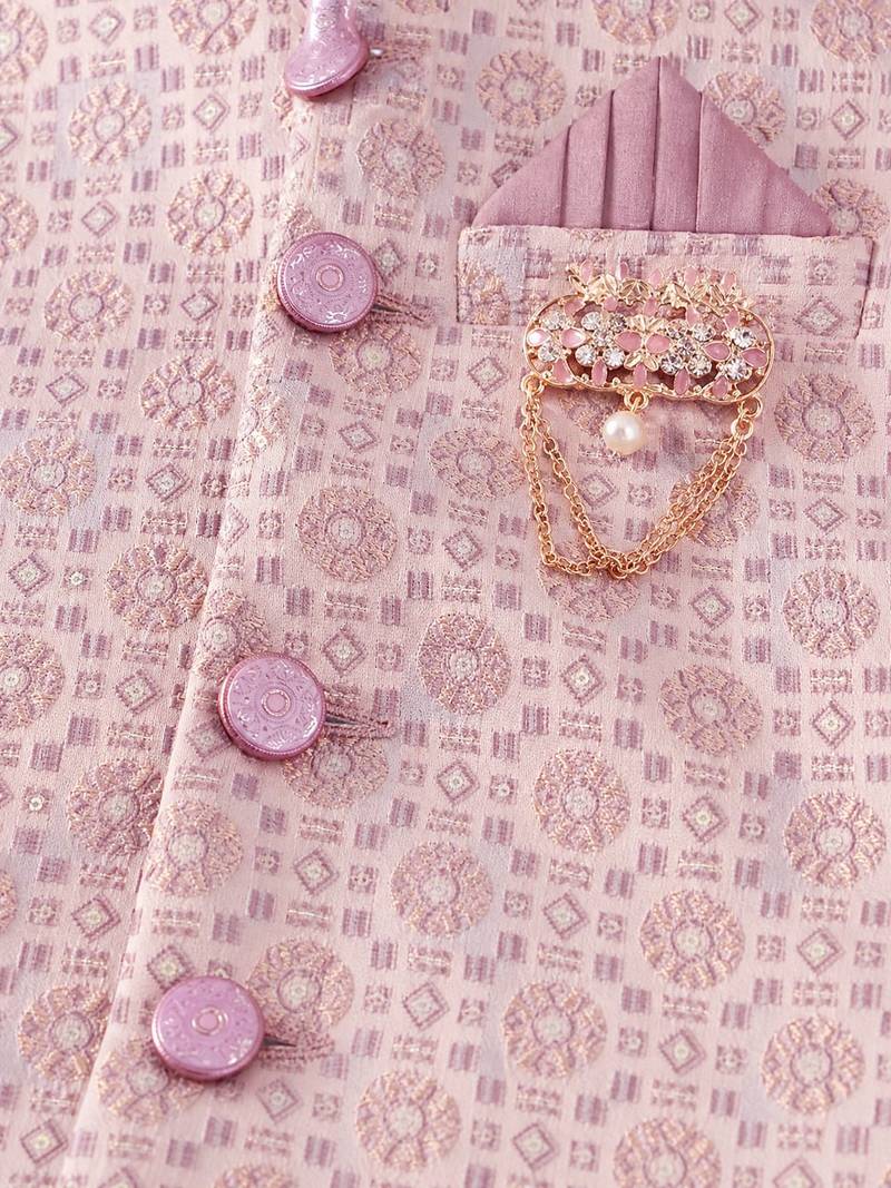 boys dusty pink silk blend  geometric floral woven kurta & dhoti set with waistcoat