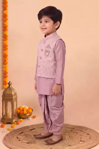 boys dusty pink silk blend  geometric floral woven kurta & dhoti set with waistcoat