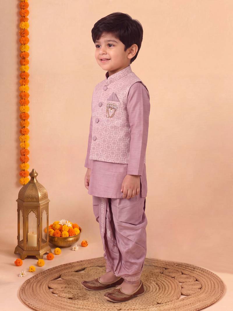boys dusty pink silk blend  geometric floral woven kurta & dhoti set with waistcoat