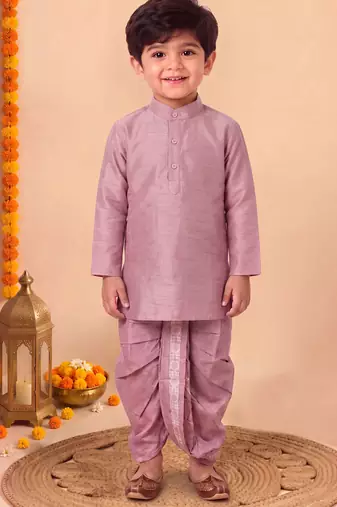 boys dusty pink silk blend  geometric floral woven kurta & dhoti set with waistcoat