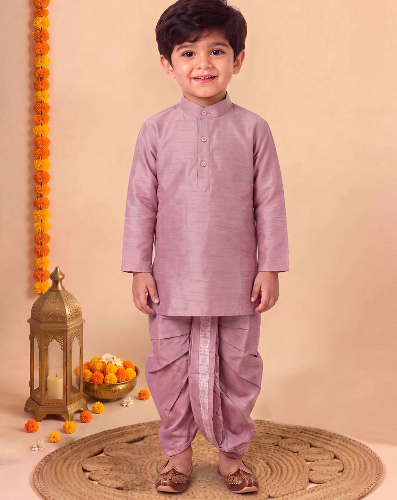 boys dusty pink silk blend  geometric floral woven kurta & dhoti set with waistcoat