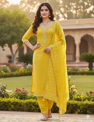 yellow weaved chanderi butti unstitched dress material  1