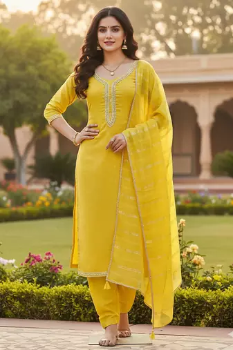 yellow weaved chanderi butti unstitched dress material 