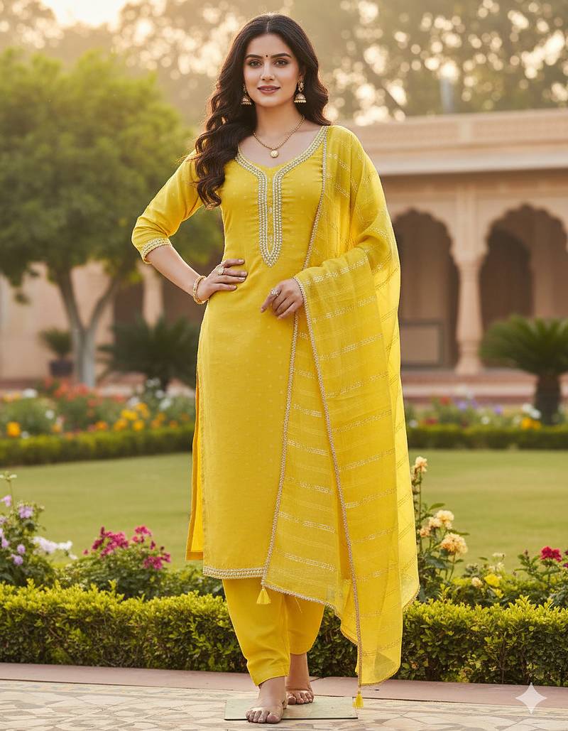 yellow weaved chanderi butti unstitched dress material 