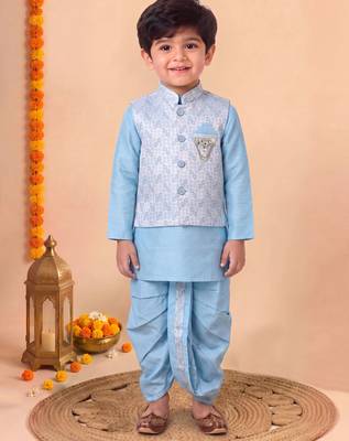 boys sky blue silk blend  geometric jacquard woven kurta & dhoti set with waistcoat 1