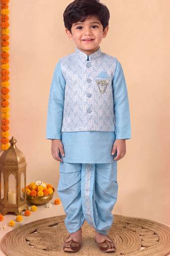 boys sky blue silk blend  geometric jacquard woven kurta & dhoti set with waistcoat