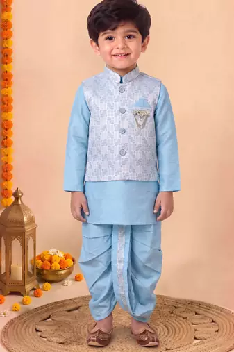 boys sky blue silk blend  geometric jacquard woven kurta & dhoti set with waistcoat
