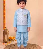 boys sky blue silk blend  geometric jacquard woven kurta & dhoti set with waistcoat