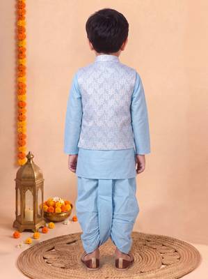 boys sky blue silk blend  geometric jacquard woven kurta & dhoti set with waistcoat 2