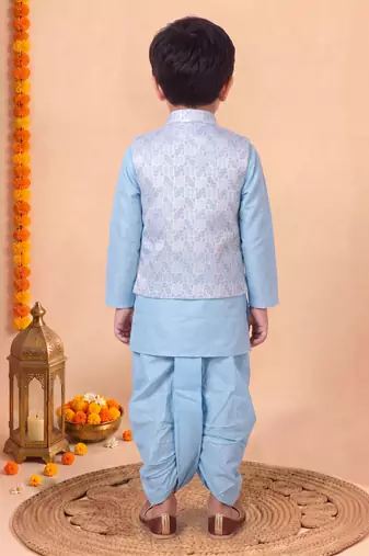boys sky blue silk blend  geometric jacquard woven kurta & dhoti set with waistcoat