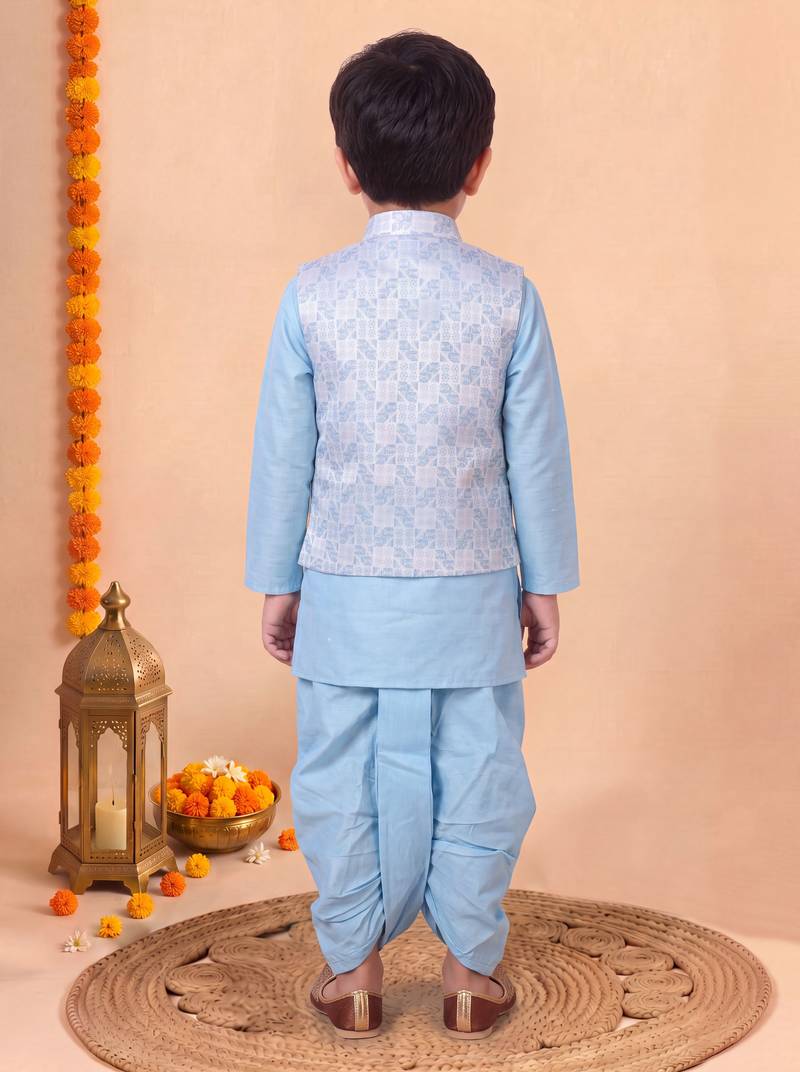 boys sky blue silk blend  geometric jacquard woven kurta & dhoti set with waistcoat