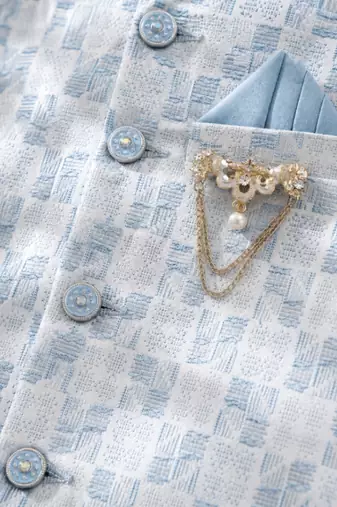 boys sky blue silk blend  geometric jacquard woven kurta & dhoti set with waistcoat