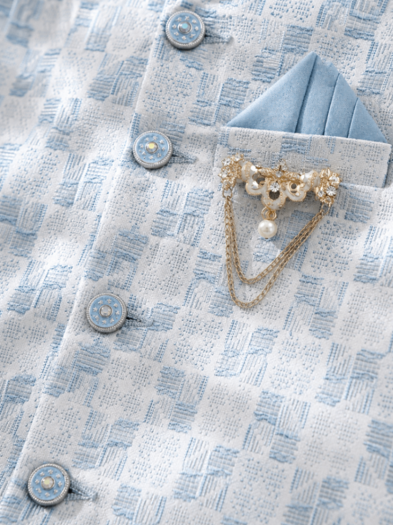 boys sky blue silk blend  geometric jacquard woven kurta & dhoti set with waistcoat