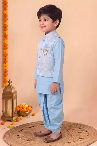 boys sky blue silk blend  geometric jacquard woven kurta & dhoti set with waistcoat