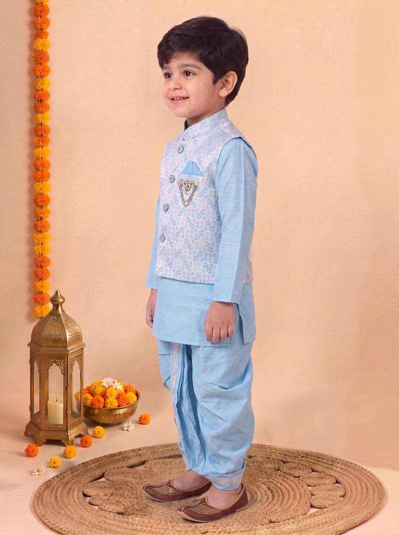 boys sky blue silk blend  geometric jacquard woven kurta & dhoti set with waistcoat
