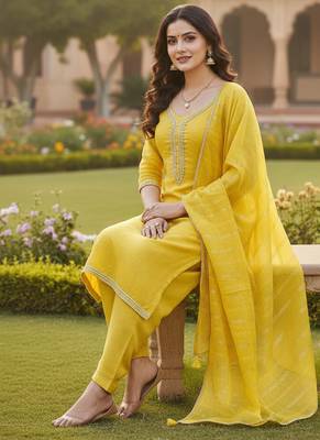 yellow weaved chanderi butti unstitched dress material  2