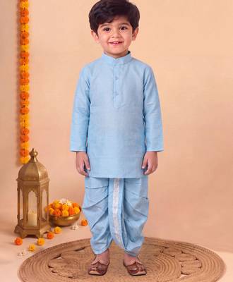 boys sky blue silk blend  geometric jacquard woven kurta & dhoti set with waistcoat 5