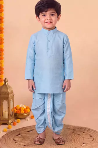 boys sky blue silk blend  geometric jacquard woven kurta & dhoti set with waistcoat