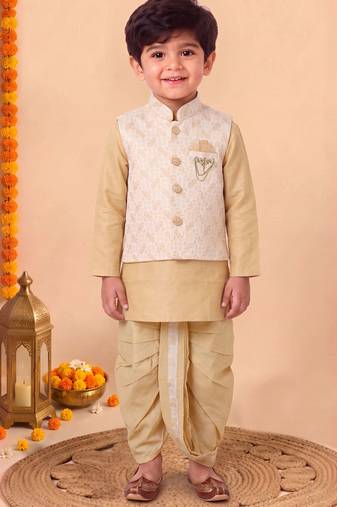 boys fawn silk blend  geometric jacquard woven kurta & dhoti set with waistcoat