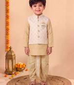 boys fawn silk blend  geometric jacquard woven kurta & dhoti set with waistcoat