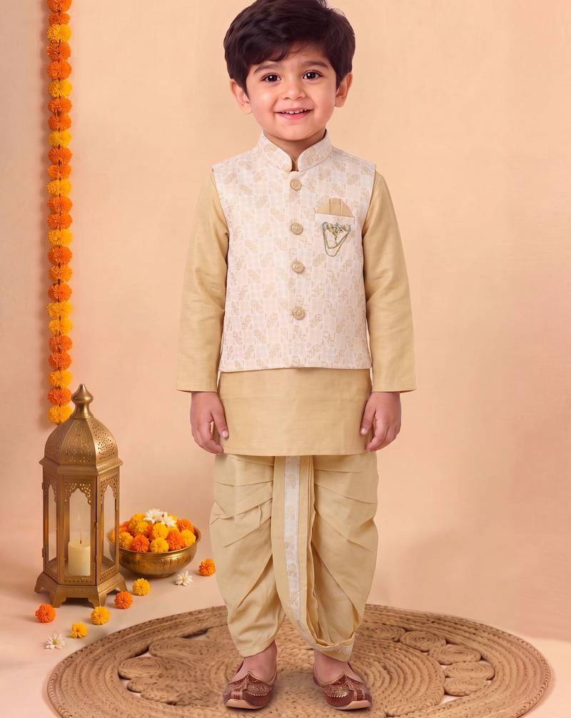 boys fawn silk blend  geometric jacquard woven kurta & dhoti set with waistcoat