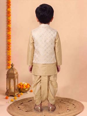 boys fawn silk blend  geometric jacquard woven kurta & dhoti set with waistcoat 2