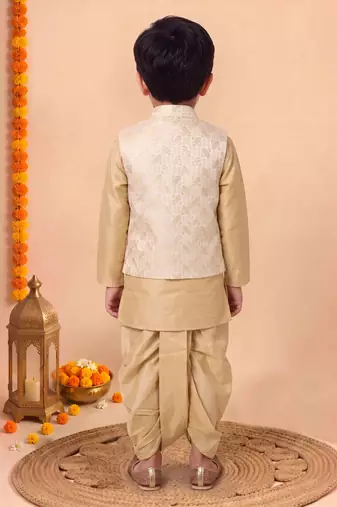 boys fawn silk blend  geometric jacquard woven kurta & dhoti set with waistcoat