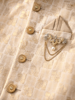 boys fawn silk blend  geometric jacquard woven kurta & dhoti set with waistcoat 3