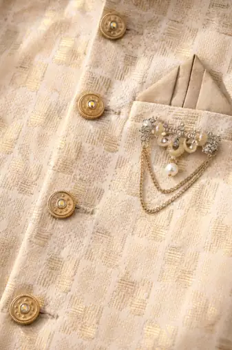 boys fawn silk blend  geometric jacquard woven kurta & dhoti set with waistcoat
