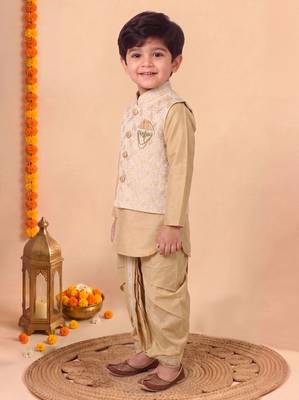 boys fawn silk blend  geometric jacquard woven kurta & dhoti set with waistcoat 4