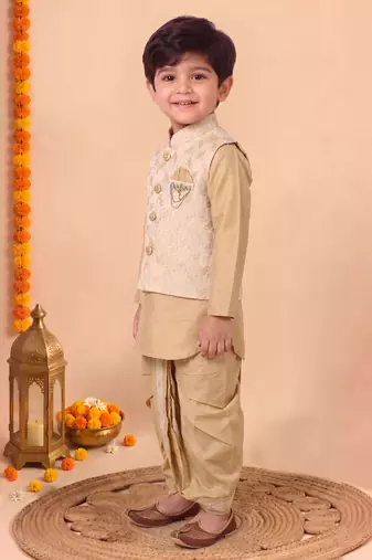 boys fawn silk blend  geometric jacquard woven kurta & dhoti set with waistcoat