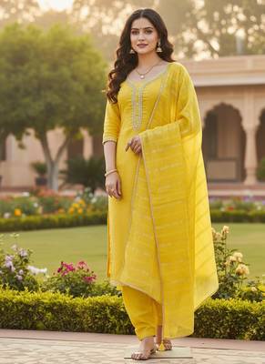 yellow weaved chanderi butti unstitched dress material  3